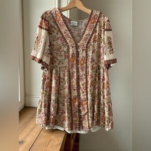 Boho floral babydoll dress tiered button front size Large